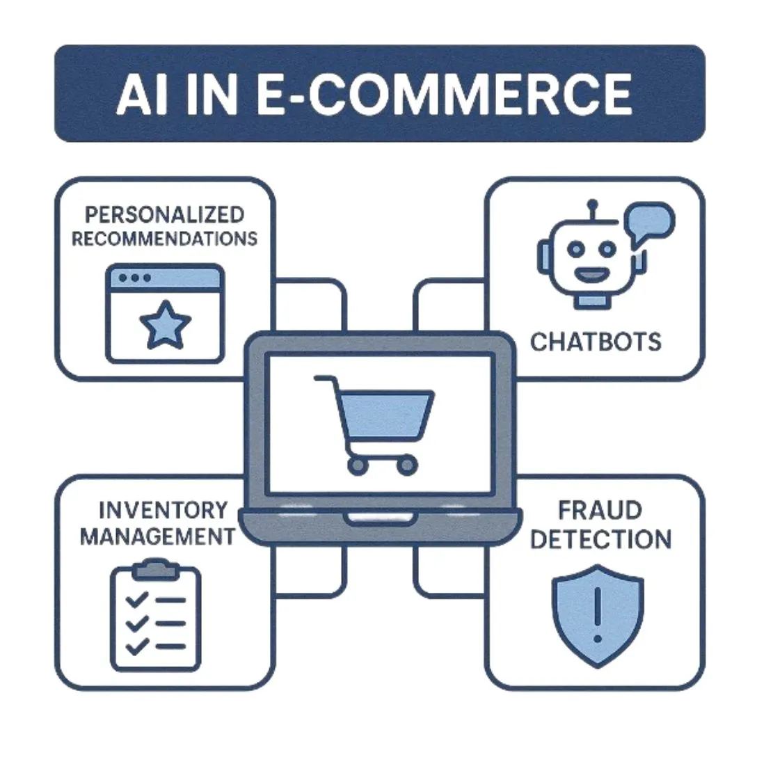 Visual representation of AI's impact on e-commerce, highlighting automation, customer insights, and enhanced user experience.
