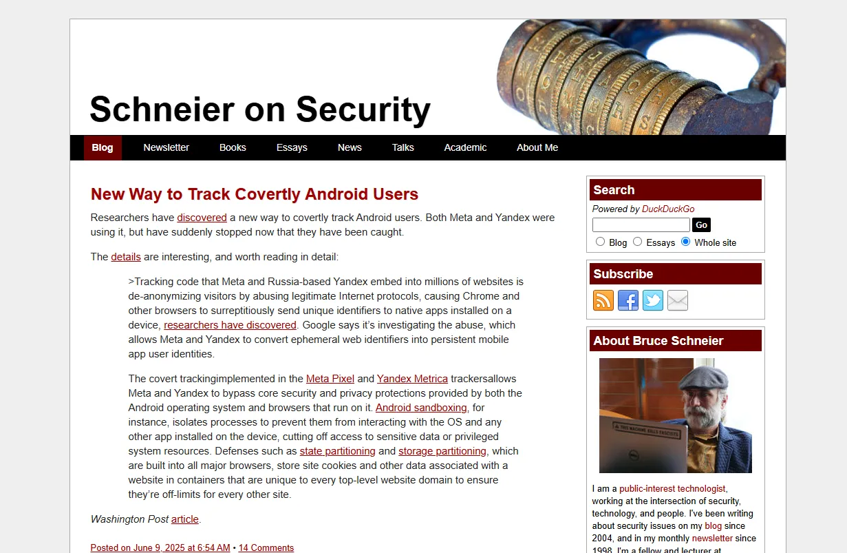 The screenshot of Schneier on Security website.